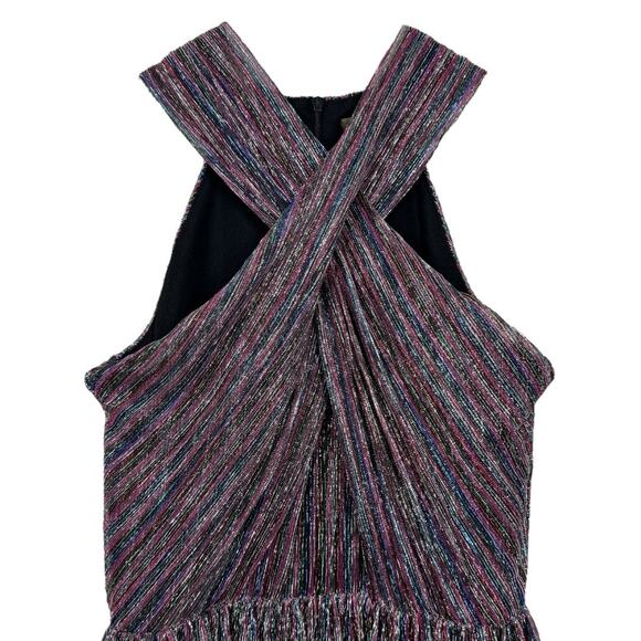 Taylor Metallic Stripe Halter Neck Midi Dress 2 Pleated Sleeveless Disco Rainbow - Picture 2 of 7